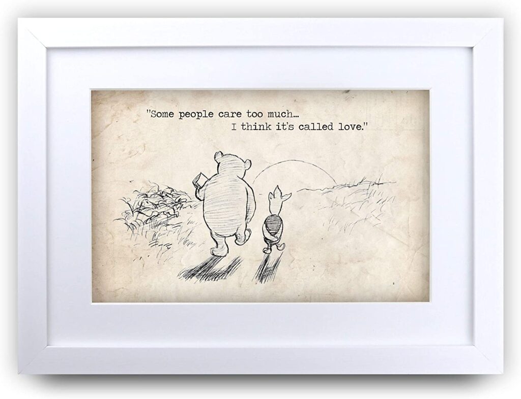 HWC Trading Winnie the Pooh Care to Much - Impresión enmarcada A4 con cita impresa para cuarto de bebé, regalos para habitación de recién nacido, regalo de dormitorio

